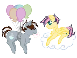 Size: 896x680 | Tagged: safe, artist:cornerverse, derpibooru import, oc, oc:painted sky, oc:teaspoon, unofficial characters only, earth pony, pegasus, pony, balloon, base used, cloud, floating, gay, letter, male, mouth hold, oc x oc, offspring, offspring shipping, parent:comet tail, parent:fluttershy, parent:silver spoon, parents:cometshy, shipping, simple background, transparent background