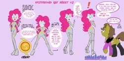 Size: 2666x1318 | Tagged: safe, artist:succubi samus, derpibooru import, pinkie pie, oc, oc:moon pearl, bat pony, equestria girls, annoyed, ass, balloonbutt, bat pony oc, butt, cutie mark, equestrian city, exclamation point, fourth wall destruction, goggles, interrupted, link in description, plot, reference sheet, speedster, superhero, text bubbles, tight clothing