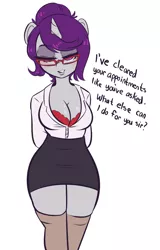 Size: 1227x1920 | Tagged: suggestive, artist:wickedsilly, derpibooru import, oc, oc:wicked silly, anthro, unicorn, anthro oc, big breasts, bra, breasts, cleavage, clothes, female, glasses, looking at you, mare, ponysona, secretary, simple background, socks, solo, solo female, thigh highs, underwear