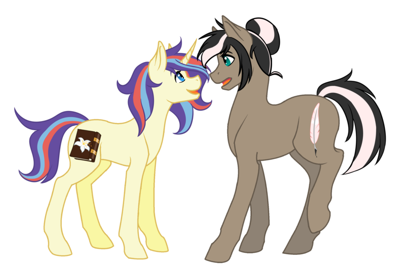 Size: 4408x2936 | Tagged: safe, artist:cornerverse, derpibooru import, oc, oc:ink blot, oc:story teller, unofficial characters only, earth pony, pony, unicorn, base used, female, lesbian, mare, oc x oc, offspring, offspring shipping, parent:filthy rich, parent:moondancer, parent:oc:glory, parent:oc:rose diamond, parents:canon x oc, shipping, simple background, transparent background