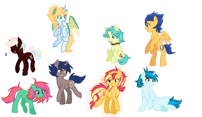 Size: 2228x1286 | Tagged: safe, artist:cornerverse, derpibooru import, brawly beats, flash sentry, sunset shimmer, thunderbass, oc, oc:honeycomb, oc:iridescent blade, oc:little burst, oc:valor knight, earth pony, pegasus, pony, unicorn, base used, female, male, phantom wings, simple background, transparent background