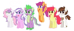 Size: 5280x2239 | Tagged: alternate cutie mark, alternate hairstyle, apple bloom, artist:cornerverse, base used, cutie mark crusaders, derpibooru import, diamond tiara, dragon, loose hair, older, older apple bloom, older diamond tiara, older pipsqueak, older scootaloo, older spike, older sweetie belle, pipsqueak, safe, scootaloo, simple background, spike, sweetie belle, transparent background, winged spike