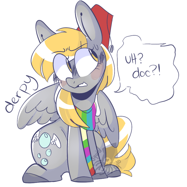 Size: 875x877 | Tagged: safe, artist:arloueu, derpibooru import, derpy hooves, pegasus, pony, blushing, clothes, cutie mark, dialogue, exclamation point, female, fez, hat, interrobang, looking sideways, mare, question mark, scarf, simple background, sitting, solo, speech bubble, spread wings, underp, watermark, white background, wings