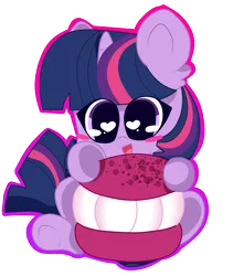 Size: 3023x3585 | Tagged: safe, artist:kittyrosie, derpibooru import, twilight sparkle, pony, chibi, female, food, heart eyes, macaron, mare, simple background, solo, transparent background, wingding eyes