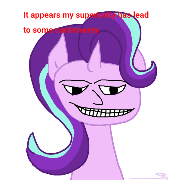 Size: 819x875 | Tagged: safe, artist:soctavia, derpibooru import, starlight glimmer, ponified, pony, unicorn, coaxed into a snafu, downvote bait, female, meme, ponified meme, red text, shitposting, simple background, solo, white background