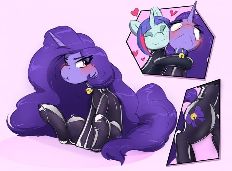 Size: 1280x942 | Tagged: suggestive, artist:helixjack, derpibooru import, oc, oc:bose, oc:mew, ponified, unofficial characters only, pony, bell, bell collar, blushing, cat bell, cheek to cheek, collar, commission, cutie mark, fetish, floating heart, heart, hug, latex, latex suit, long hair, looking at you, pouting, rubber, rubber suit, shiny, simple background, sitting, smiling