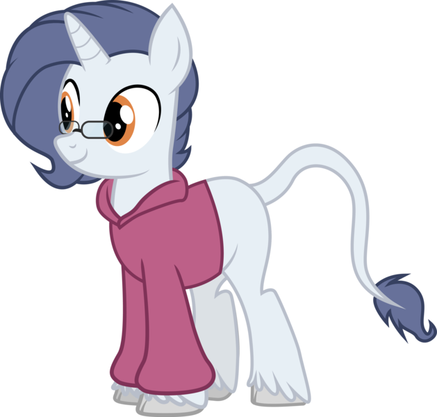 Size: 2902x2768 | Tagged: safe, artist:duskthebatpack, derpibooru import, oc, oc:yodi, unofficial characters only, classical unicorn, pony, unicorn, blank flank, clothes, cloven hooves, glasses, hoodie, horn, leonine tail, male, simple background, smiling, solo, stallion, standing, transparent background, unshorn fetlocks, vector