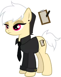 Size: 2320x2960 | Tagged: safe, artist:duskthebatpack, derpibooru import, oc, oc:note clip, unofficial characters only, earth pony, pony, clothes, ear piercing, female, frown, lidded eyes, long sleeves, mare, necktie, piercing, shirt, simple background, solo, standing, transparent background, vector