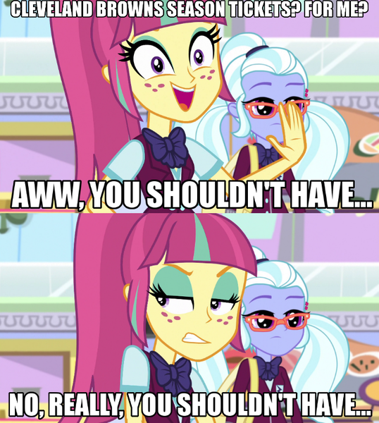 Size: 688x768 | Tagged: safe, derpibooru import, edit, edited screencap, screencap, sour sweet, sugarcoat, dance magic, equestria girls, spoiler:eqg specials, american football, bipolar, bowtie, cleveland browns, clothes, crystal prep academy uniform, crystal prep shadowbolts, freckles, image macro, meme, nfl, no really you shouldn't have, pigtails, ponytail, school uniform, twintails, two-face sour sweet, you shouldn't have