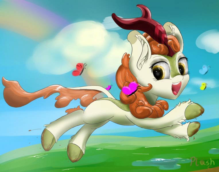 Size: 1000x786 | Tagged: safe, artist:plushcolossus, derpibooru import, autumn blaze, butterfly, kirin, pony, sounds of silence, spoiler:s08, cloud, mud, rainbow