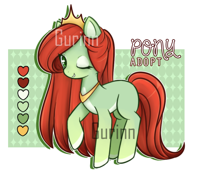 Size: 900x790 | Tagged: safe, artist:gurinn, derpibooru import, oc, unofficial characters only, earth pony, pony, adoptable, advertisement, auction, crown, digital art, female, jewelry, mare, obtrusive watermark, one eye closed, one hoof raised, regalia, smiling, solo, watermark, wink