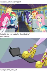 Size: 1280x1949 | Tagged: safe, derpibooru import, edit, edited screencap, screencap, applejack, fluttershy, pinkie pie, rainbow dash, rarity, sci-twi, sunset shimmer, twilight sparkle, dance magic, equestria girls, equestria girls series, road trippin, clothes, converse, driving, geode of fauna, geode of shielding, geode of sugar bombs, geode of super speed, high heels, legs, magical geodes, pedal, pictures of legs, shoes, tour bus