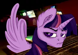 Size: 6071x4299 | Tagged: absurd resolution, alicorn, artist:charles-farrow, bar, derpibooru import, grumpy, grumpy twilight, middle feather, middle finger, rough, rude, safe, solo, twilight sparkle, twilight sparkle (alicorn), vulgar, wing hands