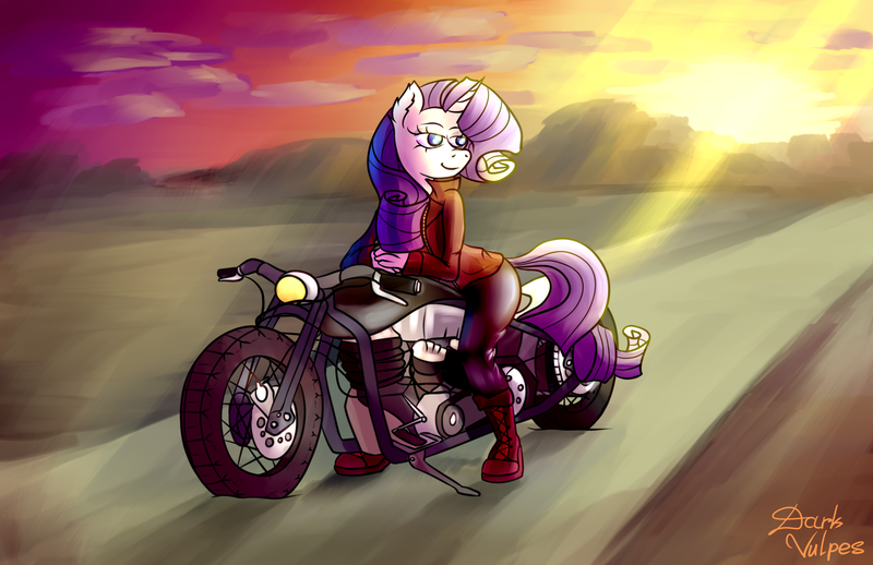 Size: 1700x1100 | Tagged: anthro, artist:darkvulpes, biker, bobber, clothes, cloud, derpibooru import, female, jacket, latex, leaning forward, looking back, motorcycle, rarity, safe, smiling, solo, sunset