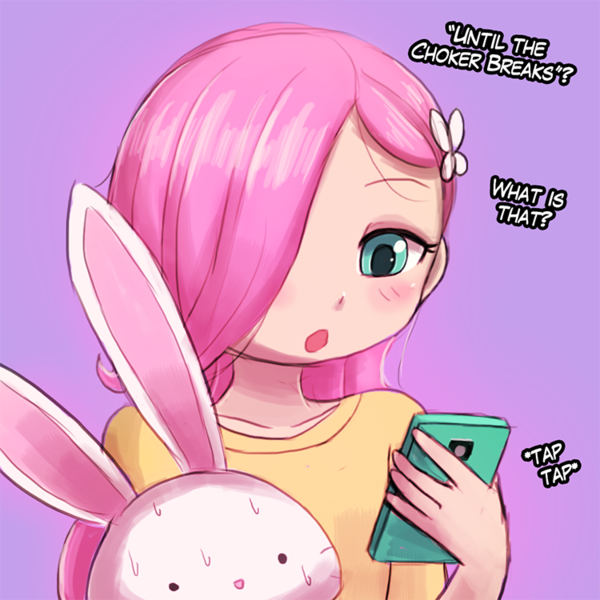 Size: 750x750 | Tagged: suggestive, artist:lumineko, derpibooru import, angel bunny, fluttershy, equestria girls, browser history, caught, female, found your porn, hair over one eye, implied porn, innocence lost, mobile phone, painfully innocent fluttershy, phone, sexually oblivious, sweat, sweating profusely, this will end in childhood trauma, this will not end well, until the choker breaks, younger