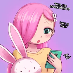 Size: 750x750 | Tagged: suggestive, artist:lumineko, derpibooru import, angel bunny, fluttershy, equestria girls, browser history, caught, female, found your porn, hair over one eye, implied porn, innocence lost, mobile phone, painfully innocent fluttershy, phone, sexually oblivious, sweat, sweating profusely, this will end in childhood trauma, this will not end well, until the choker breaks, younger