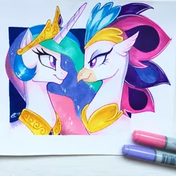 Size: 1080x1080 | Tagged: alicorn, artist:antych, classical hippogriff, derpibooru import, duo, female, friendship, hippogriff, jewelry, mare, marker drawing, markers, my little pony: the movie, photo, princess celestia, queen novo, regalia, royalty, safe, simple background, traditional art, white background