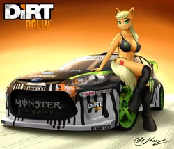Size: 4200x3600 | Tagged: abs, anthro, applejack, artist:clear vision, bedroom eyes, bikini, boots, breasts, busty applejack, car, castrol, clothes, colin mcrae dirt, crossover, dc shoes, derpibooru import, dirt, female, ford, ford fiesta, hatless, high res, hoonigan, ken block, knee-high boots, looking at you, mare, missing accessory, monster energy, pinup, racecar, race queen, seductive pose, shoes, signature, solo, solo female, sponsors, stupid sexy applejack, suggestive, swimsuit, unguligrade anthro, world rally championship, wrc