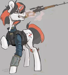 Size: 1966x2165 | Tagged: safe, artist:ducha, derpibooru import, oc, oc:blackjack, unofficial characters only, pony, unicorn, fallout equestria, fallout equestria: project horizons, fanfic, angry, armor, clothes, fanfic art, female, glowing horn, gun, hooves, horn, levitation, magic, mare, optical sight, pipbuck, raised hoof, rifle, scope, security armor, simple background, small horn, sniper rifle, solo, svd, telekinesis, vault security armor, vault suit, weapon