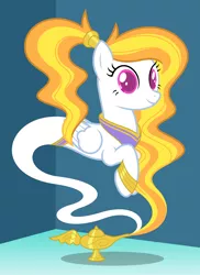 Size: 6400x8800 | Tagged: safe, artist:parclytaxel, derpibooru import, oc, oc:storm shield, unofficial characters only, genie, genie pony, pegasus, pony, .svg available, absurd resolution, bracelet, corner, female, flowing mane, geniefied, jewelry, lamp, looking at you, mare, monster mare, peytral, ponytail, raised hoof, smiling, solo, vector, waistband, ych result