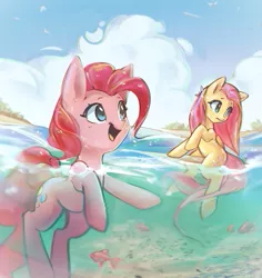 Size: 1136x1201 | Tagged: safe, artist:mirroredsea, derpibooru import, fluttershy, pinkie pie, earth pony, fish, pegasus, pony, cloud, duo, female, mare, scenery, swimming, water