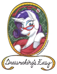 Size: 720x937 | Tagged: artist:texasuberalles, colored hooves, colored pencil drawing, derpibooru import, dressmaking, glasses, looking at you, magic, marker drawing, measuring tape, needle, rarity, rarity's glasses, ribbon, safe, simple background, smiling, solo, telekinesis, thread, traditional art, white background