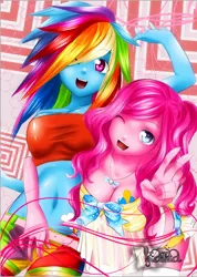 Size: 602x846 | Tagged: safe, artist:rana, derpibooru import, pinkie pie, rainbow dash, equestria girls, boobie mark, breasts, cleavage, clothes, nightgown, one eye closed, pants, top, wink