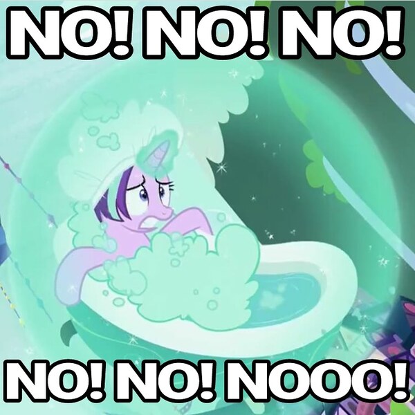 Size: 768x768 | Tagged: safe, derpibooru import, edit, edited screencap, screencap, starlight glimmer, pony, unicorn, father knows beast, bath, bathtub, bathtub gag, cleveland brown, cropped, falling, family guy, female, hat, magic, magic aura, magic bubble, mare, meme, no, shower cap, solo, suds, telekinesis