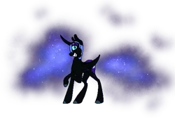 Size: 563x379 | Tagged: safe, artist:ask-azalea-grey, derpibooru import, part of a set, nightmare moon, alicorn, pony, curved horn, cutie mark, ethereal mane, female, grin, helmet, looking at you, mare, missing accessory, pixel art, raised hoof, simple background, smiling, solo, starry mane, transparent background