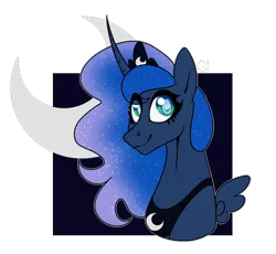 Size: 652x600 | Tagged: safe, artist:ask-azalea-grey, derpibooru import, part of a set, princess luna, alicorn, pony, bust, curved horn, cutie mark background, female, jewelry, looking at you, mare, regalia, simple background, smiling, solo, transparent background