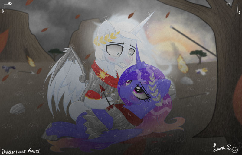 Size: 3500x2250 | Tagged: alicorn, armor, arrow, artist:darkest-lunar-flower, battlefield, blood, blushing, chest fluff, commission, derpibooru import, dying, female, holding hooves, laurel wreath, male, mare, oc, rain, sad, semi-grimdark, stallion, teary eyes, tree, wounded warriors