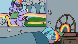 Size: 1280x720 | Tagged: safe, artist:slamjam, derpibooru import, bow hothoof, rainbow dash, pegasus, pony, 30 year old boomer, alarm clock, bed, blanket, boomer, clock, clothes, cloud, crying, female, lawn mower, male, mare, meme, ponified meme, rainbow, saturday, shirt, smoke, stallion, sunglasses, wojak