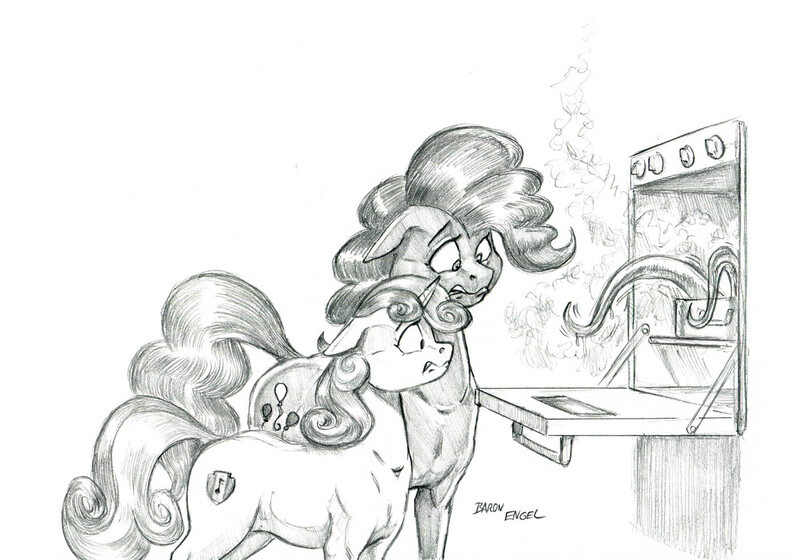 Size: 1400x980 | Tagged: safe, artist:baron engel, derpibooru import, pinkie pie, sweetie belle, earth pony, pony, unicorn, cooking, duo, eldritch abomination, female, filly, food, grayscale, lethal chef, mare, monochrome, pencil drawing, simple background, sketch, stove, sweetie belle can't cook, sweetie fail, tentacles, traditional art, white background