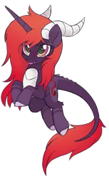 Size: 943x1536 | Tagged: safe, artist:prince-lionel, deleted from derpibooru, derpibooru import, oc, oc:scarlet spectrum, unofficial characters only, dracony, hybrid, pony, :p, art trade, cute, cute little fangs, digital art, dragon tail, fangs, female, flying, happy, horns, mare, open mouth, red hair, red mane, red tail, silly, simple background, solo, tongue out, transparent background