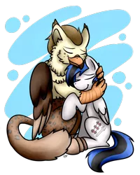 Size: 1024x1280 | Tagged: safe, artist:sugar morning, derpibooru import, oc, oc:bolton, oc:kezzie, unofficial characters only, gryphon, pegasus, pony, bolzie, female, hug, male, simple background, transparent background