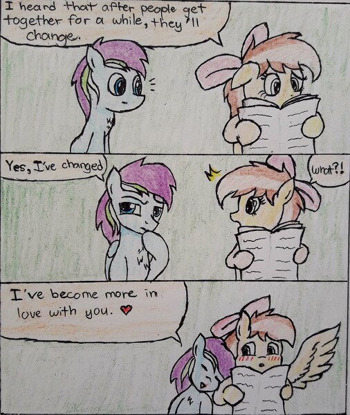 Size: 2465x2925 | Tagged: artist:cloudsky14, blushing, bow, change, comic, couple, cute, derpibooru import, love, meme, oc, oc:cloudy dee sky, oc:joycie, otp, safe, shipping, traditional art, unofficial characters only