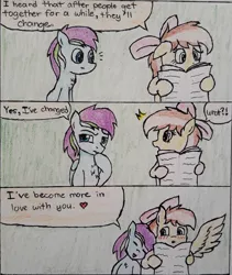 Size: 2465x2925 | Tagged: artist:cloudsky14, blushing, bow, change, comic, couple, cute, derpibooru import, love, meme, oc, oc:cloudy dee sky, oc:joycie, otp, safe, shipping, traditional art, unofficial characters only