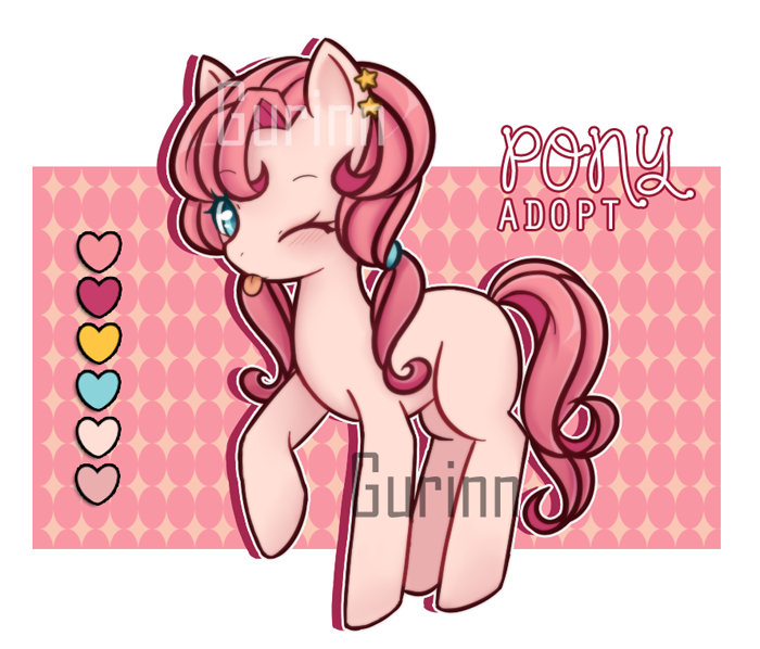 Size: 700x598 | Tagged: safe, artist:gurinn, derpibooru import, oc, unofficial characters only, earth pony, pony, :p, adoptable, advertisement, auction, digital art, female, hairband, mare, obtrusive watermark, one eye closed, one hoof raised, silly, smiling, solo, tongue out, watermark, wink