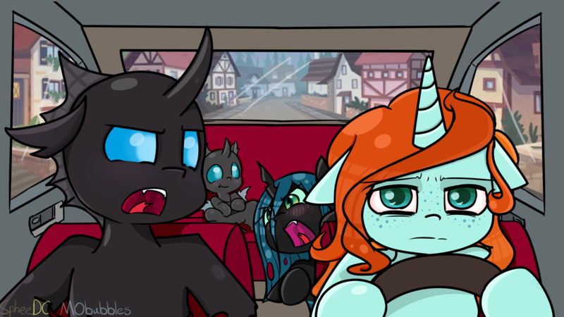 Size: 2732x1536 | Tagged: safe, artist:mobubbles, artist:spheedc, derpibooru import, queen chrysalis, oc, oc:corvus, oc:crann taca, oc:kyle, changeling, changeling queen, nymph, pony, unicorn, car, cute, cutealis, cuteling, driving, exhausted, female, filly, filly queen chrysalis, floppy ears, foal, ocbetes, village, yelling, younger