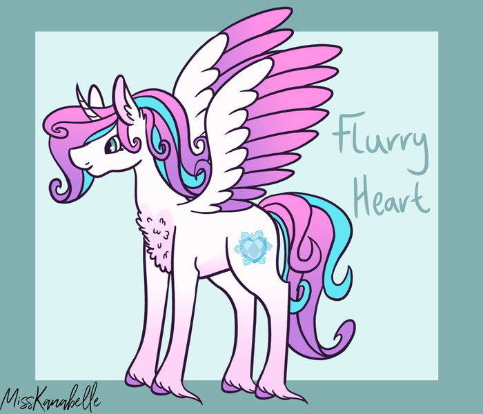 Size: 1750x1500 | Tagged: safe, artist:misskanabelle, derpibooru import, princess flurry heart, alicorn, pony, chest fluff, colored wings, colored wingtips, curved horn, ear fluff, female, mare, older, older flurry heart, signature, solo, unshorn fetlocks