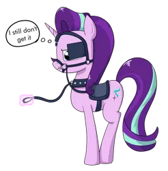 Size: 2509x2545 | Tagged: safe, artist:moonatik, derpibooru import, starlight glimmer, bit, blinders, bridle, collar, implied trixie, leash, magic, reins, saddle, simple background, solo, tack, telekinesis, thought bubble, transparent background