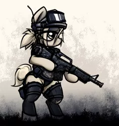 Size: 2244x2380 | Tagged: safe, artist:jetwave, derpibooru import, oc, oc:treasure, unofficial characters only, earth pony, pony, antennae, ar15, bipedal, body armor, clothes, female, gear, goggles, gun, hair tie, headgear, helmet, leotard, m4a1, military, operator, rifle, socks, solo, thigh highs, tired, torn clothes, weapon