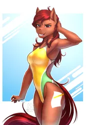 Size: 1309x1900 | Tagged: suggestive, artist:mykegreywolf, derpibooru import, oc, oc:penny, unofficial characters only, anthro, earth pony, abstract background, anthro oc, armpits, clothes, female, high-cut clothing, long tail, mare, one-piece swimsuit, open-back swimsuit, solo, swimsuit