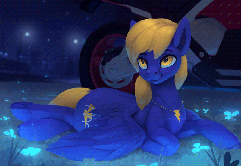 Size: 850x588 | Tagged: safe, artist:rodrigues404, derpibooru import, oc, oc:sweetie blitz, pegasus, pony, animated, city, commission, female, gif, light, motorcycle, necklace, solo, street lights
