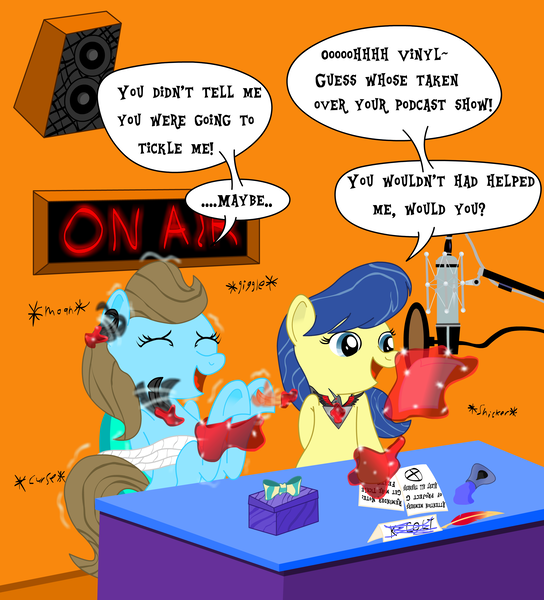 Size: 2681x2955 | Tagged: suggestive, artist:darkknighthoof, artist:darktailsko, color edit, derpibooru import, edit, beauty brass, fiddlesticks, earth pony, pony, alicorn amulet, apple family member, bondage, box, chair, colored, desk, dialogue, erotic tickling, eyes closed, feather, female, females only, femdom, femsub, fetish, fiddlebrass, hoof fetish, hoof tickling, ink, inkwell, lesbian, levitation, magic, magical bondage, mare, microphone, open mouth, paper, present, recording studio, rope, rope bondage, shipping, speech bubble, submissive, talking, telekinesis, tickle fetish, tickle torture, tickling