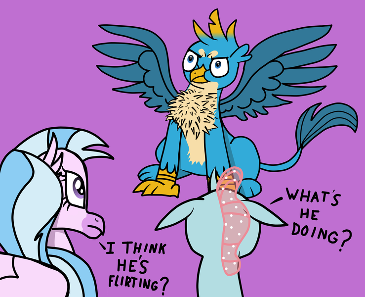 Size: 2764x2244 | Tagged: safe, artist:paw-of-darkness, derpibooru import, gallus, ocellus, silverstream, changedling, changeling, classical hippogriff, gryphon, hippogriff, behaving like a bird, birds doing bird things, catbird, chest fluff, courtship, female, flirting, gallstream, gallus gets all the creatures, gallus gets all the mares, griffons doing bird things, luslus, male, puffy cheeks, shipping, simple background, straight, text