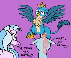 Size: 2764x2244 | Tagged: safe, artist:paw-of-darkness, derpibooru import, gallus, ocellus, silverstream, changedling, changeling, classical hippogriff, gryphon, hippogriff, behaving like a bird, birds doing bird things, catbird, chest fluff, courtship, female, flirting, gallstream, gallus gets all the creatures, gallus gets all the mares, griffons doing bird things, luslus, male, puffy cheeks, shipping, simple background, straight, text