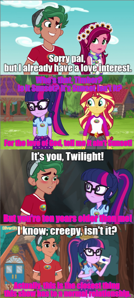 Size: 640x1427 | Tagged: safe, derpibooru import, edit, edited screencap, screencap, gloriosa daisy, sci-twi, sunset shimmer, timber spruce, twilight sparkle, equestria girls, legend of everfree, comic, screencap comic, text, yugioh abridged