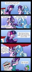 Size: 1771x3966 | Tagged: safe, artist:bobthedalek, derpibooru import, spike, starlight glimmer, trixie, twilight sparkle, twilight sparkle (alicorn), alicorn, dragon, pony, unicorn, road to friendship, anger magic, angry, bathrobe, blue background, cereal, clothes, comic, female, food, implied murder, magic, male, mare, messy mane, newspaper, ragelight glimmer, robe, scrunchy face, simple background