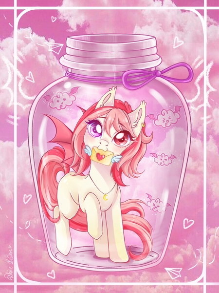 Size: 1536x2048 | Tagged: safe, artist:whiteraven, derpibooru import, oc, oc:blood moon, unofficial characters only, bat pony, pony, bat pony oc, blind eye, bottle, female, jar, letter, looking at you, mare, mouth hold, pony in a bottle, smiling, solo